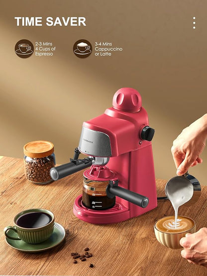 Ihomekee Espresso Machine, 3.5Bar Espresso and Cappuccino Machine | Preheating Function, 4 Cup Coffee Maker with Milk Frothing Function and Steam Wand (Red)