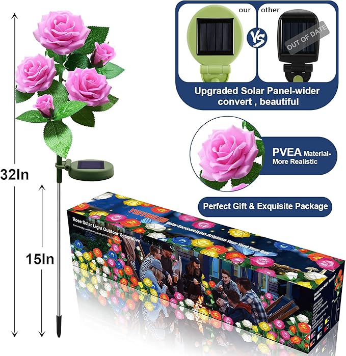 Solar Flower Lights Outdoor - Upgraded New Material Two Modes Realistic LED Solar Powered Waterproof Lights with 5 Roses, Solar Decorative Stake Lights for Garden (Pink, 2 Pack)