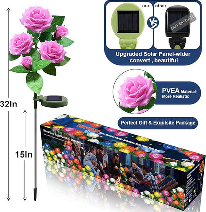Solar Flower Lights Outdoor - Upgraded New Material Two Modes Realistic LED Solar Powered Waterproof Lights with 5 Roses, Solar Decorative Stake Lights for Garden (Pink, 2 Pack)