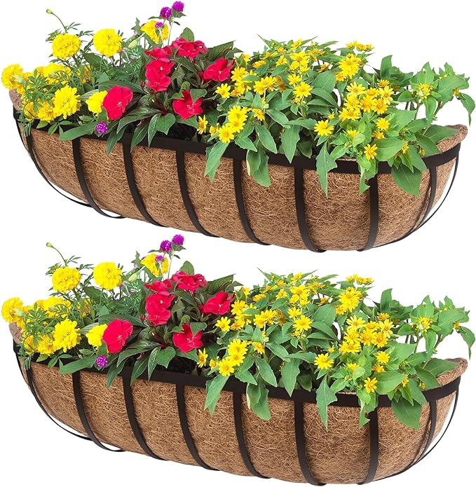 DUNCHATY Railing Planter Window Box - 2 Pack 24" Horse Trough Planter with Coco Fiber Liner - Deck Balcony Rail Planter for Porch Fence Patio Outdoor