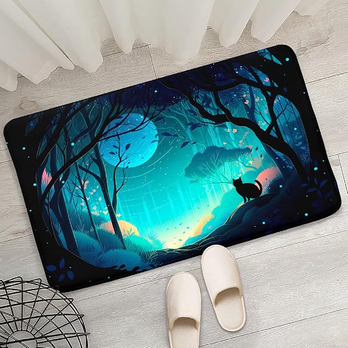 Cat Rug - Magic Black Cat Rug for Home Decor Moon Black Cat Rug for Boys Room Cat Door Mats Outdoor Entrance Forestscape Cat Rug, 2x3 Feet