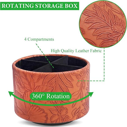 Round Leather Art Supply Organizer,Remote Control Holder,360 Degree Spinning,Multi-Functional Pencil Holder,4 Compartments Desktop Stationary Organizer(1-Carved Brown)