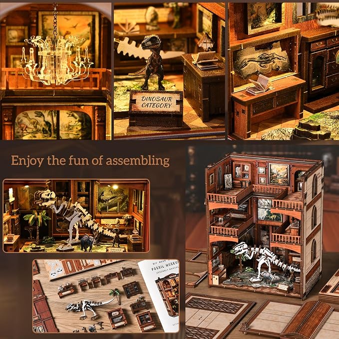DIY Book Nook,with LED Light Bookshelf Decor, DIY 3D Wooden Dollhouse Puzzle, Craft Kit for Adults (Fossil Museum)