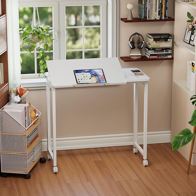 GreenForest Portable Folding Desk with Wheels, 31.5 inch Adjustable Tilt | Drafting Table Workstation for Small Spaces, Home Office, Drawing & Craft Projects，White