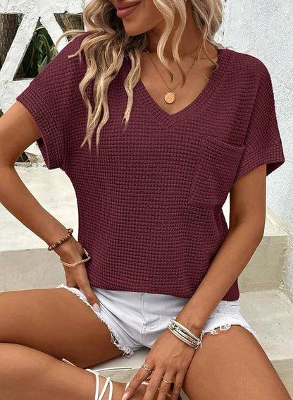 Dokotoo Womens Waffle Knit Tops 2026 Spring Summer V Neck Shirts Casual Trendy Women's Blouses Basic Tee