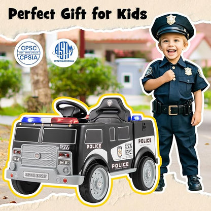 Costzon Ride on Police Car, 12V Battery Powered Electric Cop Cars for Kids w/3 Speeds, Megaphone, Music, FM Radio, Flashing Lights, Sirens, Ride on Toy w/Remote Control for Boys Girls 3+(Police Truck)