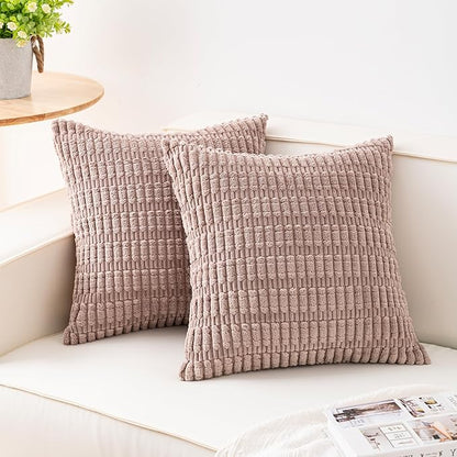 Aegero Pack of 2 Corduroy Decorative Throw Pillow Covers 24x24 Inch Soft Striped Pillow Covers Modern Farmhouse Home Decor for Sofa Living Room Couch Bed（Light Brown）