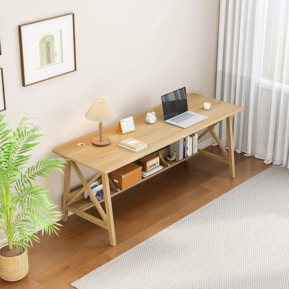 NELYE Extra Long Writing Desk with Bookshelf, 63" Wx24 Dx30 H, Oak | Wooden Home Office Work Study Table, Computer Gaming Workstation with Storage Shelf, Sturdy MDF Resists Wobble