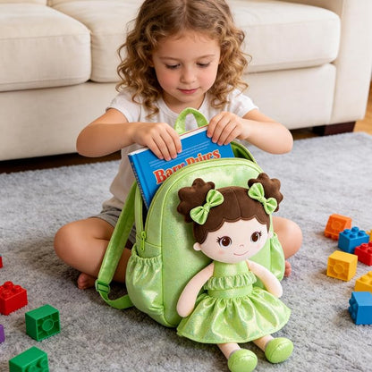 Lazada Toddler Backpack - Baby Girl Gifts Curly Fingerprints Plush Doll Dress Backpack - Fashion Girls Curly Rolled Fingerprints Series - Fluorescent Green 11 Inches