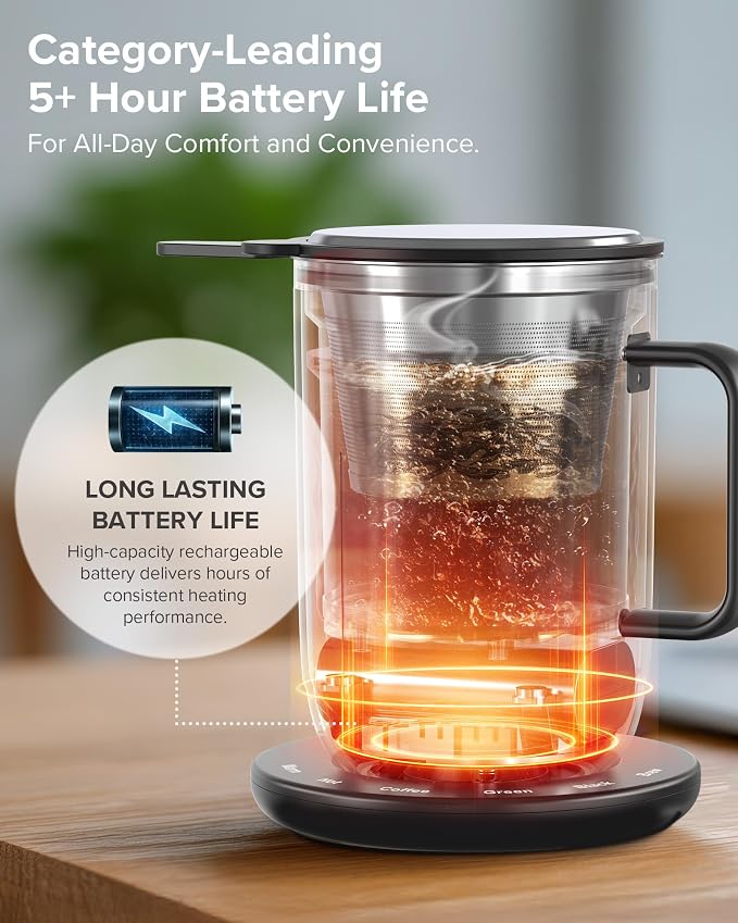 Nuwave Self-Heating Coffee Mug with Charging Base, 16oz, 45201BV02 | Heated Coffee Cup, 5Hr Cordless Runtime, LED Touch Controls, Adjustable Brew Settings, Includes Stainless Steel Filter