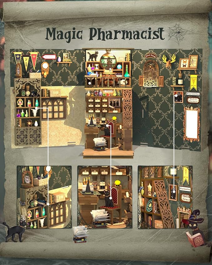 Cutefun Book Nook Kit, DIY Miniature Dollhouse Booknook for Adults, 3D Wooden Puzzle Bookend Bookshelf Insert Decor with LED Light, Gift for Craft Lovers (Magic Pharmacist)