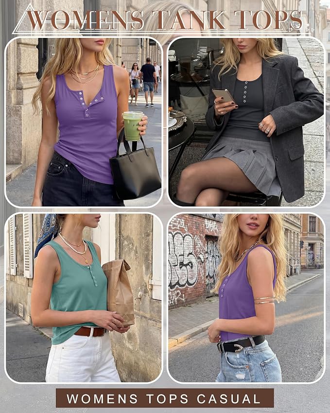 Ficerd 3 Pack Women's Henley Tank Tops Sleeveless Button Down Summer Shirts 2026 Casual Trendy Loose U Neck Tee Blouses