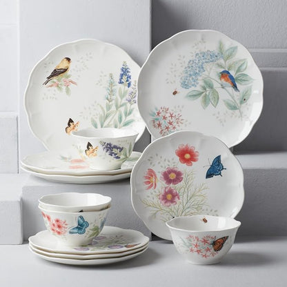 Lenox Dinnerware Set, Butterfly Meadow Flutter 12-Piece Set, Service For 4, Elegant White Porcelain, Dishwasher Safe, Chip Resistant, Plates And Bowls Sets, Home and Kitchen (Assorted, 12 Pieces)