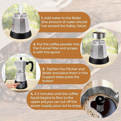 Electric Aluminum Moka Pot 3-6 Cup 150-270ml Espresso Maker | with Detachable Base Ideal Coffee Makers for Home MochaPot Italian and Cuban Café Coffeemaker Espressomaker CoffeePot Silver