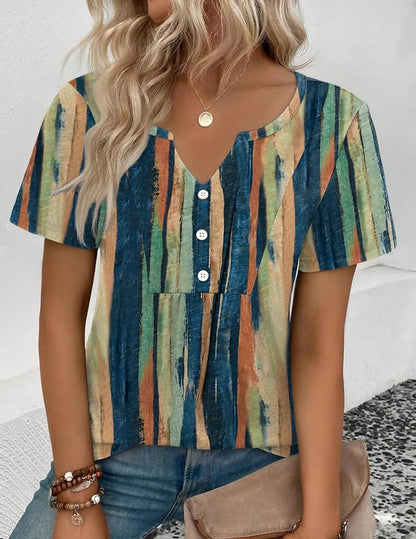 Zeagoo Womens Short Sleeve Tops Summer Henley V-Neck Tshirts Casual Pleated Blouse Dressy Loose Floral Basic Tee