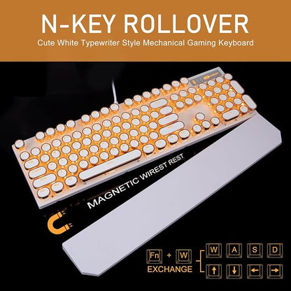 Camiysn Typewriter Style Mechanical Keyboard, Retro Punk Gaming Keyboard with Gold LED Backlit, Cute Wired Keyboards,104 Keys Full Size Keyboards, Uique Round Keycaps for Windows/Mac/PC(White&Gold)