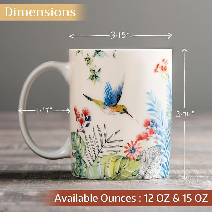 Maison d' Hermine Coffee Mug with Handles Tea Cups (12 Ounce, Pack of 1) | Fine Bone China Coffee Mugs for Hot Beverages Cappuccino Latte Home Restaurant Hotel Spring Summer -Tropiques - Colibris