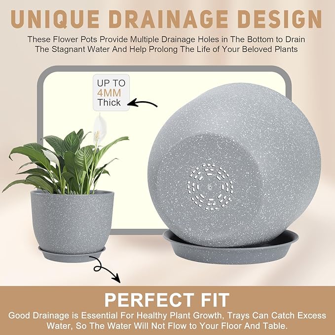 Plant Pots 10/9/8/7.5/7 inch Flower Pots with Multi Mesh Drainage Holes, Planters for Indoor Outdoor Garden Plants and Flowers. (Gray)