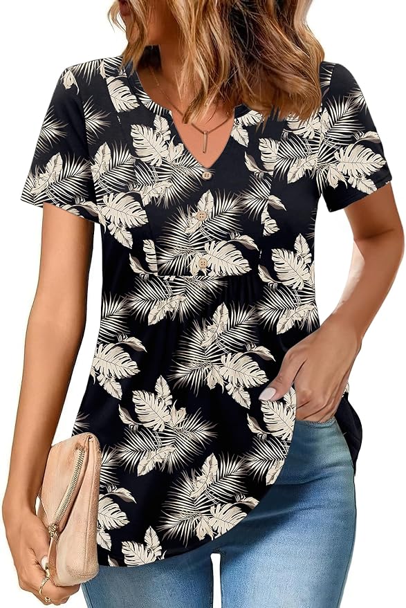 Zeagoo Womens Short Sleeve Tops Summer Henley V-Neck Tshirts Casual Pleated Blouse Dressy Loose Floral Basic Tee