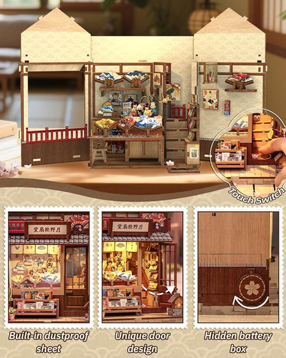Book Nook Kit - DIY Miniature Japanese Fan House, 3D Wooden Puzzle Dollhouse with LED Lights, Tiny Bookend & Creative Bookshelf Decor, Crafts Gifts for Adults