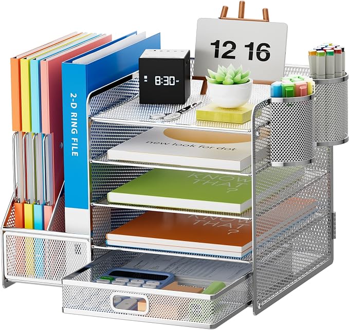 Marbrasse Desk Organizer with File Holder, 5-Tier Paper Letter Tray Organizer with Drawer and 2 Pen Holder, Mesh Desktop Organizer and Storage with Magazine Holder for Office Supplies (Silver)