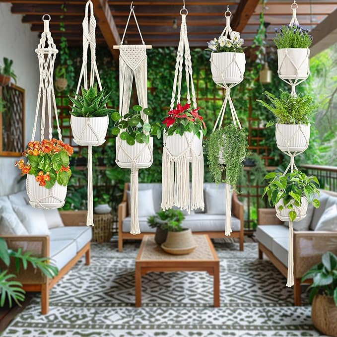 Macrame Plant Hangers, 6Pack Hanging Plant Holders Indoor w/ 6 Set Hooks Handmade Cotton Rope Plant Hangers Set Flower Pots Holder Stand Boho Home Decor Hanging Planters for Indoor Outdoor Plants