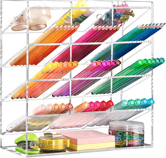 BEYGORM Acrylic Vertical Marker Organizer for 150 Markers, Desk Orgaizer | 13 Compartments Clear Angled Pen & Pencil Holder, Large Stationery & Art Supply Storage for School (10.2 x 9.8 x 4 Inch)