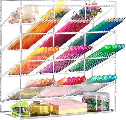 BEYGORM Acrylic Vertical Marker Organizer for 150 Markers, Desk Orgaizer | 13 Compartments Clear Angled Pen & Pencil Holder, Large Stationery & Art Supply Storage for School (10.2 x 9.8 x 4 Inch)