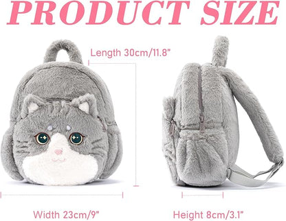 Lazada Adorable Grey Cat - Shaped Plush Backpack for Kids & Teens | Soft, Cuddly & Functional School and Travel Companion 11Inches