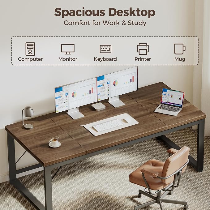 Mericonia 63x28 Inch Computer Desk, 1" Thick Large Office Table, Walnut | Modern Simple Style, Heavy Duty Industrial Frame, Large Study & Writing Table for Home Bedroom Work