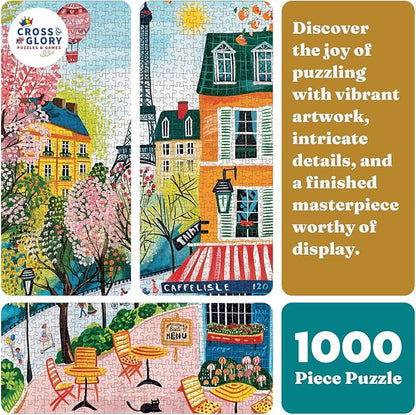 Cross & Glory – Morning at Café Lisle – 1000 Piece Jigsaw Puzzle for Adults | Paris Folk Art Puzzle | Bright Eiffel Tower Café Scene | Premium Quality 1000 Piece Puzzle for Adults