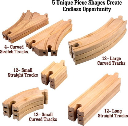 Wooden Train Track 52 Piece Set-18 Feet Of Track Expansion - 5 Distinct Pieces - 100% Compatible with All Major Brands Including Thomas Wooden Railway System: Screen Free Christmas Gift For Toddlers