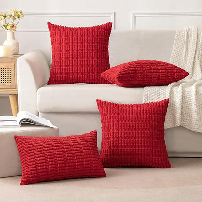 MIULEE Pack of 2 Red Corduroy Decorative Pillow Covers 18x18 Inch Soft Boho Striped Throw Pillow Covers Modern Farmhouse Home Decor for Sofa Living Room Couch Bed