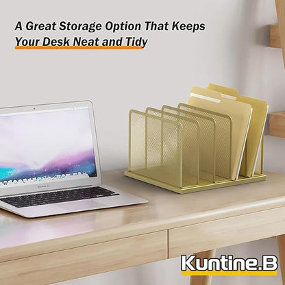 Kuntine.B 5-Section Upright Desk File Organizer Gold 1 Pack | Vertical, Mesh, Metal, Assembly, Stability, Sturdiness, Organization, Standing