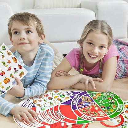 Cinrobiye 24 Set My Plate Food Stickers Preschool Vegetables Fruit Protein Grains Food Diary Early Learning Play Kit My Plate Food Chart Stories Games for Home School Classroom Supplies