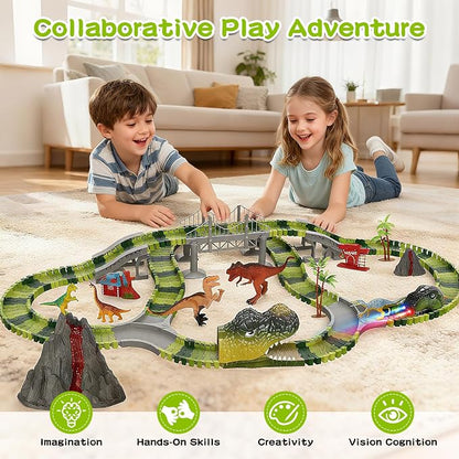 Dinosaur Toys Race Track for Boys 3-5 5-8 Year Old, Flexible Train Tracks Set with LED Light Up Dino Car, Dinosaur World Adventure Toys, STEM Birthday Gifts for Toddlers Kids Age 3 4 5 6 7