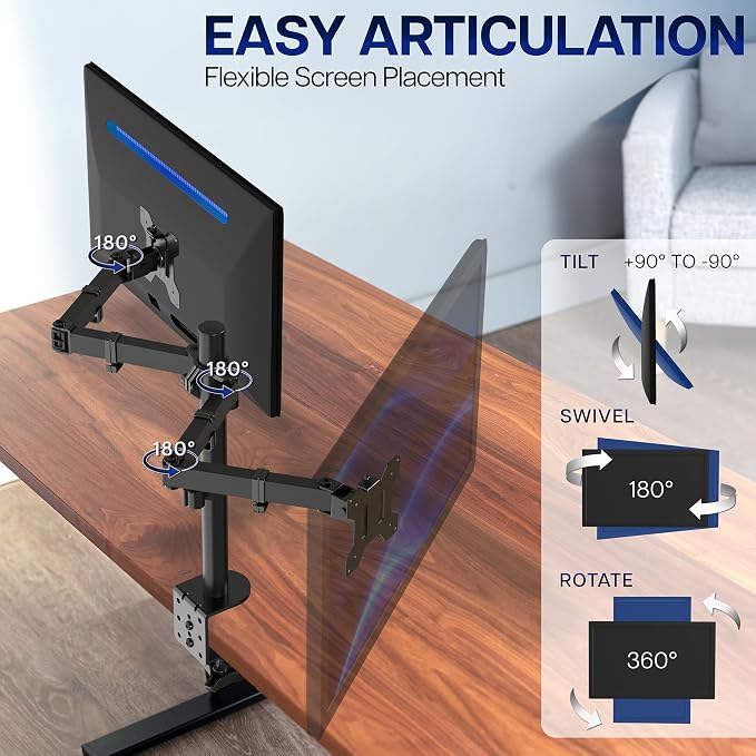 VIVO Dual Monitor Desk Mount, Heavy Duty Fully Adjustable Stand, Fits 2 LCD LED Screens up to 32 inches and 22 lbs Each, Black, STAND-V032