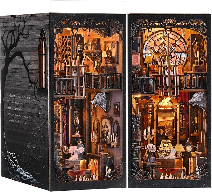 Book Nook Kit - Goth Castle DIY 3D Wooden Puzzle for Adults, Horror Bookshelf Insert with LED Lights, Halloween Home Decor Gift, The Dark Family