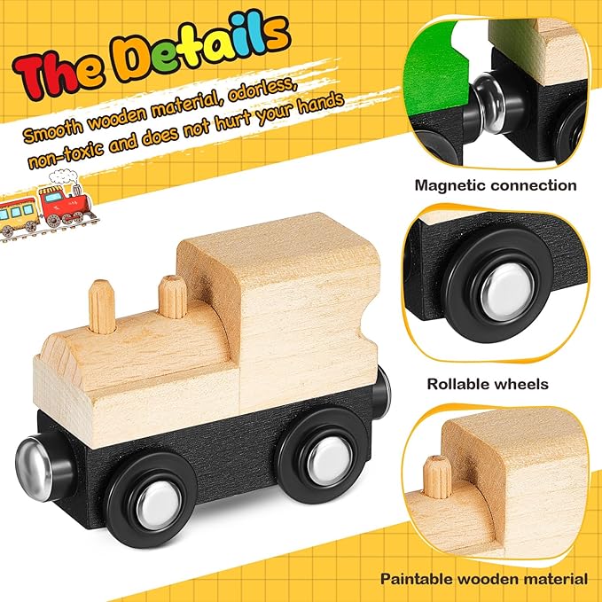 Halloscume 30 Pcs Unfinished Magnetic Wooden Train Cars 5 Styles DIY Unpainted Wood Trains for Paint Crafts Project & Summer Camp, Birthday Party Favors Decorations (Retro)