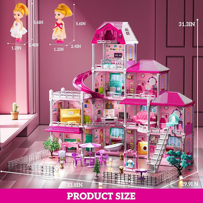 JUKUDAHU Villa Playset for Girls Ages 3-7, Indoor Playset Girls Toys for Ages 6-8 with 4 Storeys 11 Rooms 2 Dolls, Furniture and Accessories, Pretend Toddler Toy, Birthday Gifts for Kids 3 4 5 6 7 8