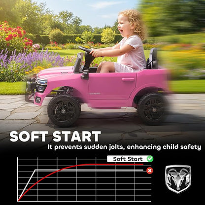 Qaba 12V Kids Ride on Car, Licensed Dodge RAM 3500 Electric Car for Kids with Dual Motors, Parent Remote Control, Rear Suspension, Power Display, Bluetooth Music and LED Lights, Pink