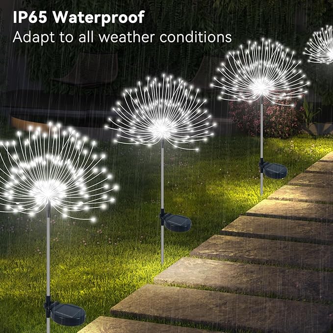 Solar Garden Lights Outdoor Waterproof, 2 Pack 120 LED Solar Firework Lights Decorative Garden Décor Outside for Flowerbed Pathway Party Christmas Decoration, White