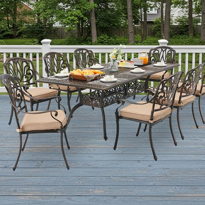 9-Piece Cast Aluminum Patio Furniture, Outdoor Dining Sets for 8 Include 87" Rectangular Patio Dining Table and 8 Stackable Chairs with Cushions & Umbrella Hole (Bronze)