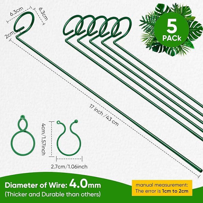 HiGift 17 inch Plant Support Stakes, 4mm Thick Garden Single Stem Flower Support Stake Amaryllis Plant Cage Support Rings with 10 pcs Plant Clips for Tomato Orchid Lily Peony Rose Flower Stem-5 Pack