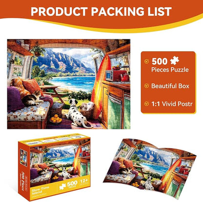 500 Piece Jigsaw Puzzle for Adults –Camper Van Dog Cat Jigsaw Puzzles 500 Pieces, RV Camping Puzzles for Adults 500 Pieces, Challenging Perfect for Game Nights, 20.5 X 15 in