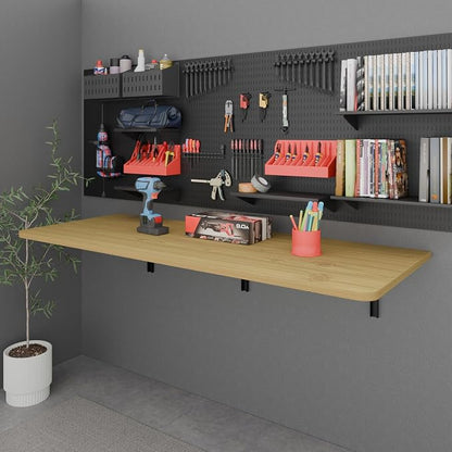 IAE 55x22in Floating Fold Desk,Wall-Mounted Folding Computer Table,Natural | Study Table with Shelf Brackets,Foldable Down Shelf with Engineered Wood,Fold Computer Desk for Small Apartment,Holds 513 lb