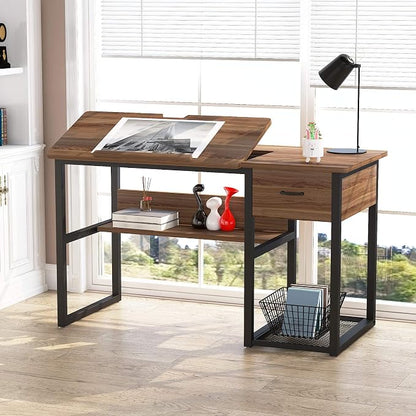 Tribesigns Drafting Table with Storage Drawers, Drawing Computer Desk Artist Craft Table Painting Desk Workstation with Shelves and Tiltable Tabletop for Students, Home Office