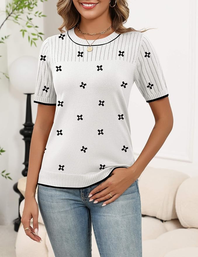 Zeagoo Women's Short Sleeve Sweater Tops 2026 Spring Summer Crew Neck Hollow Out Blouses Dressy Business Casual Outfits