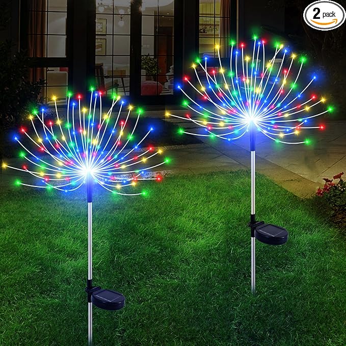 Solar Garden Lights Outdoor Waterproof, 2 Pack 120 LED Solar Firework Lights Decorative Garden Décor Outside for Flowerbed Pathway Party Christmas Decoration, Multicolor