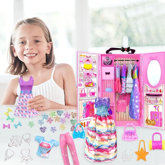 82PCS Doll Clothes and Accessories with Closet for 11.5 Inch Doll - Fashion Design Set Including Wedding Dress Fashion Dresses Outfits Tops and Pants Hangers Bags for Girls
